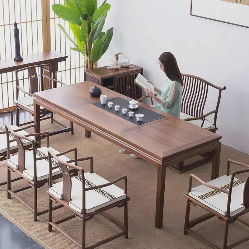 热销新中式茶桌黑胡桃实木茶桌椅组合家用客厅中式大板茶台办公室