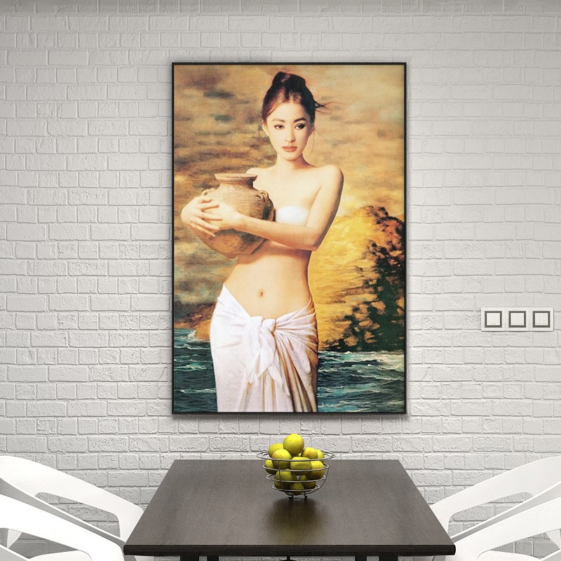 热销中国名画g抱陶女油画写实主义手绘装饰画客厅玄关性感半裸美
