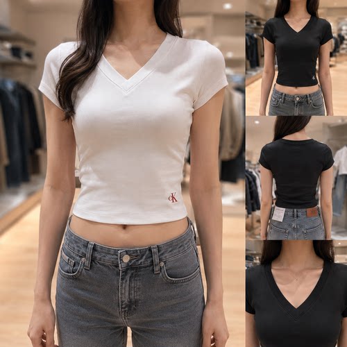 CK JEANS韩国代购26春47C910G女感罗纹辣妹正肩V领修身短袖T恤