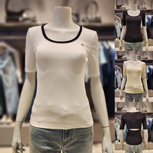 CK JEANS韩国代购26春47F247G女士少女大U领罗纹性感镂空短袖T恤