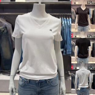 CK JEANS韩国代购26春47B205G女士休闲棉小标V领修身简约短袖T恤