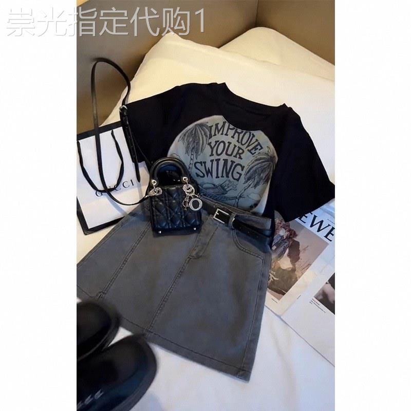 夏装一整套时尚欧货套装小个子印花T恤上衣配牛仔半身裙女两件套