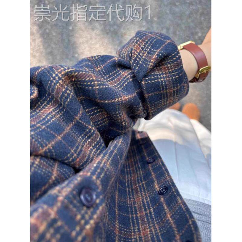 美式覆古蓝色磨毛格子衬衫女2025新款秋季配T恤宽松叠穿衬衣外套