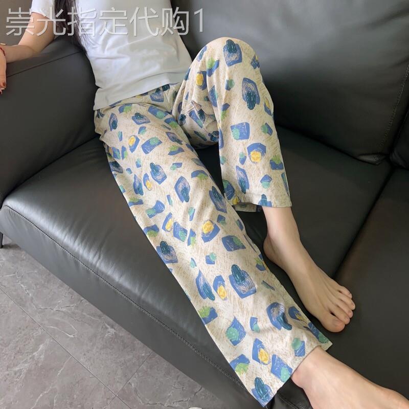 专柜潮牌真丝裤女夏薄款大码沙滩裤外穿碎花长裤子直筒裤宽松潮