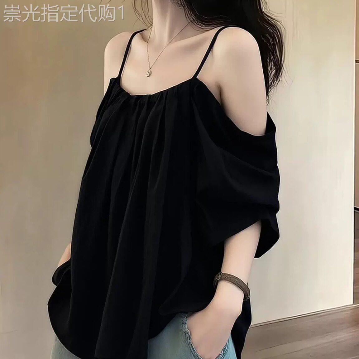 法式设计感黑色露肩吊带短袖衬衫女夏宽松气质甜辣妹风一字肩上衣
