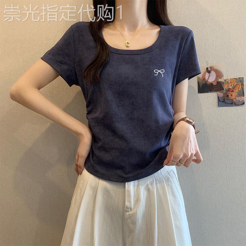 2026夏季正肩扎染短袖T恤女方领褶皱收腰显瘦不规则短款纯棉上衣