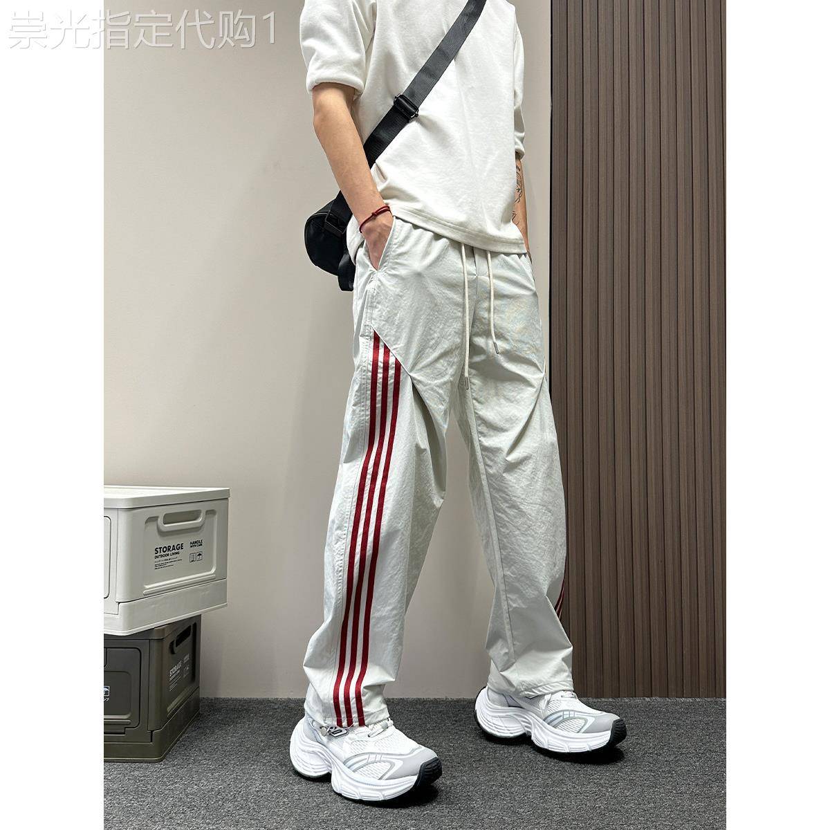 代购美式条纹休闲裤男式潮牌夏季新款宽松直筒三道杠户外收口运动