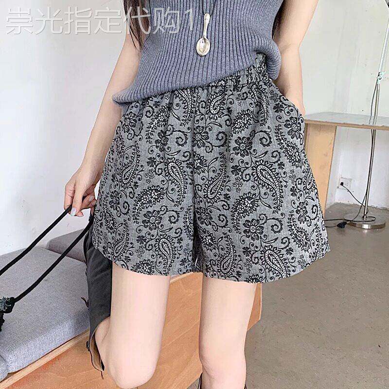 灰色腰果花休闲短裤女夏季薄款复古松紧高腰宽松百搭阔腿运动热裤
