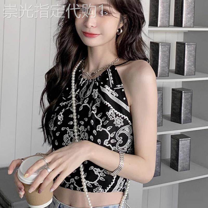 潮牌法式复古挂脖刺绣吊带背心女夏季新款纯欲风内搭抹胸无袖上衣