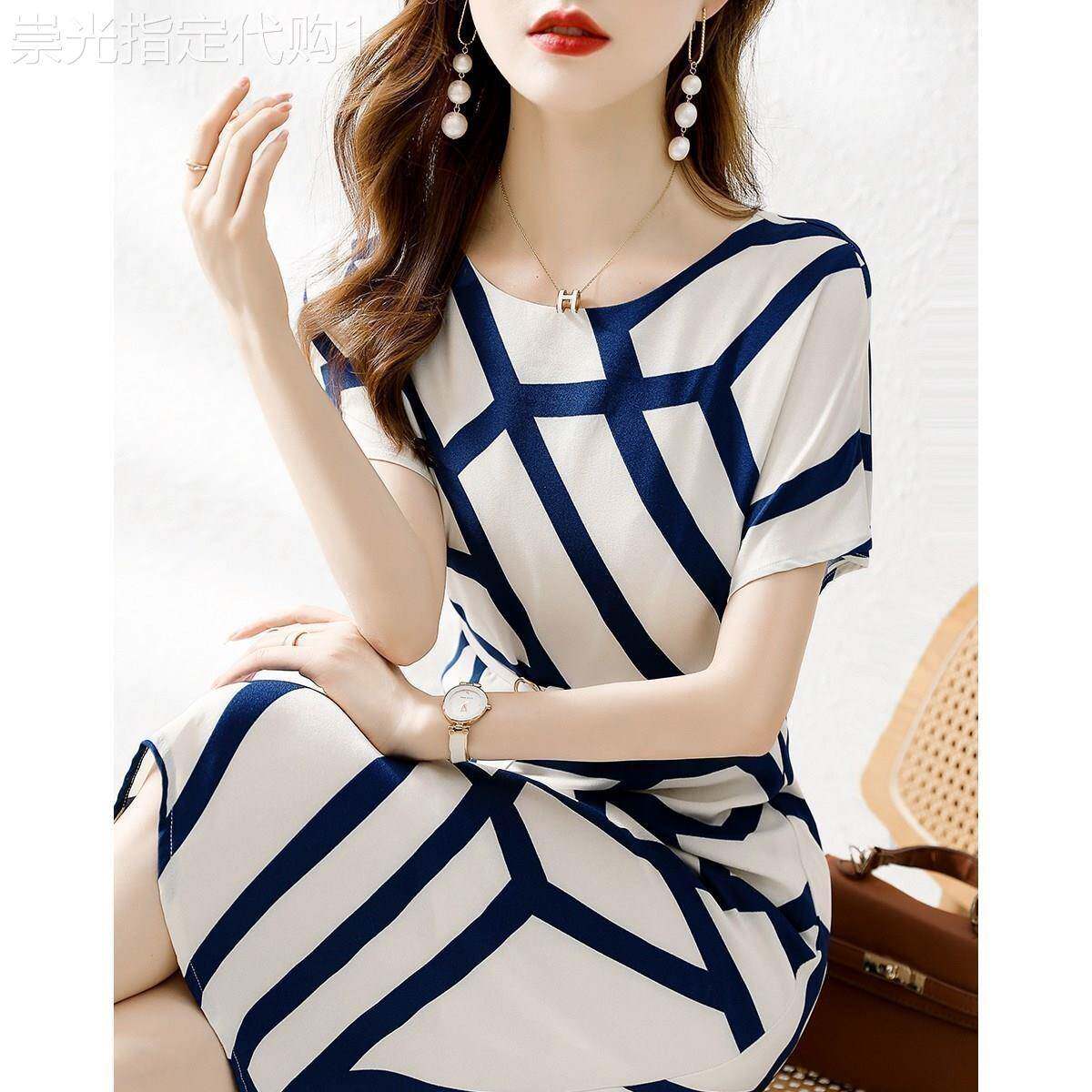 高级感气质洋装女夏季新款系带收腰显瘦时尚洋派条纹印花裙潮