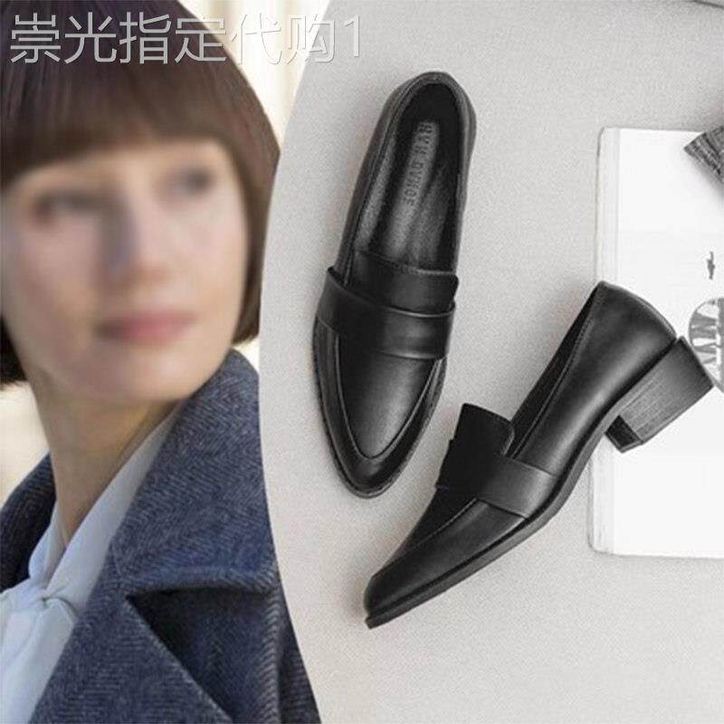 小皮鞋女春秋季2025新款中粗跟尖头单鞋子平底一脚蹬内增高乐福鞋