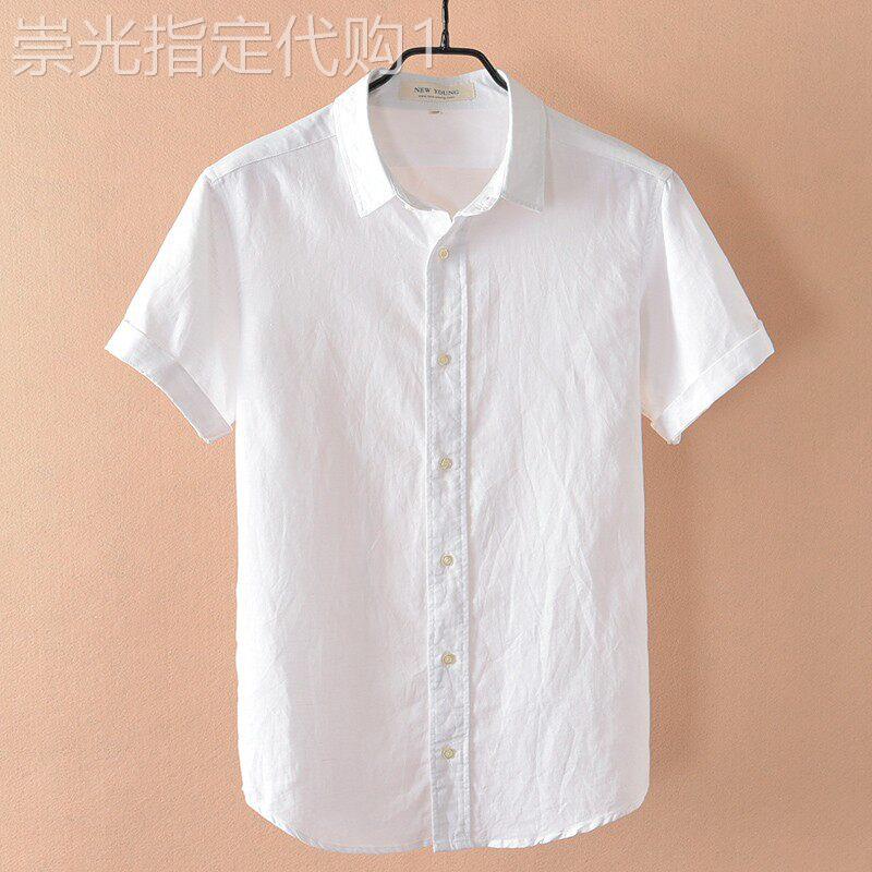 MK透气棉麻短袖衬衫男夏季薄款修身高级感休闲白色翻领男士衬衣潮
