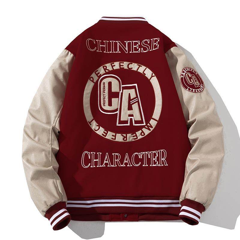 香港潮牌美式复古刺绣棒球服男女秋冬飞行员夹克加厚酒红棉服外套