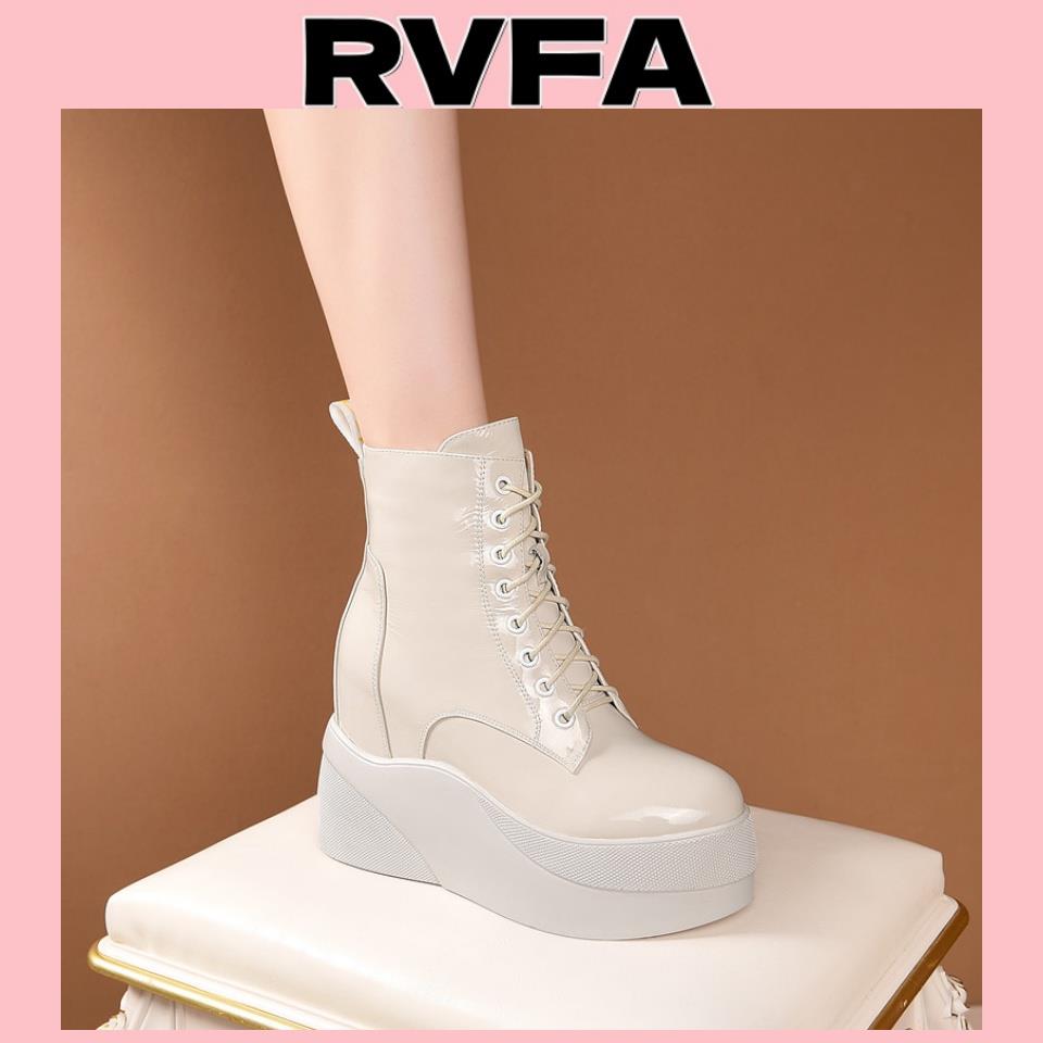 香港专柜真皮内增高牛漆皮短靴女厚底松糕鞋防水台马短筒丁靴加绒