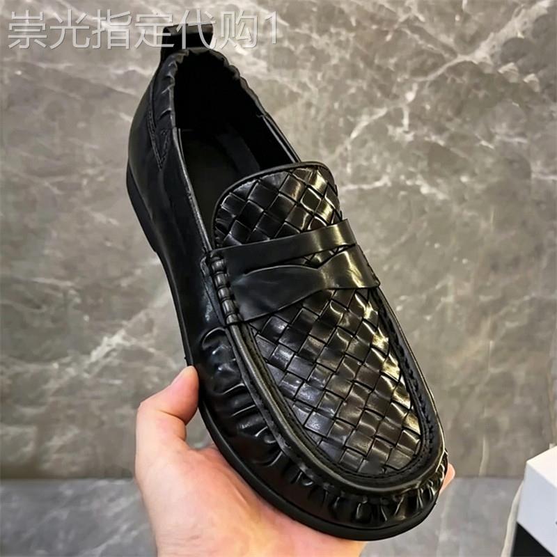 潮牌高端编织皮面一脚蹬乐福鞋男2026年夏季新款懒人套脚豆豆皮鞋
