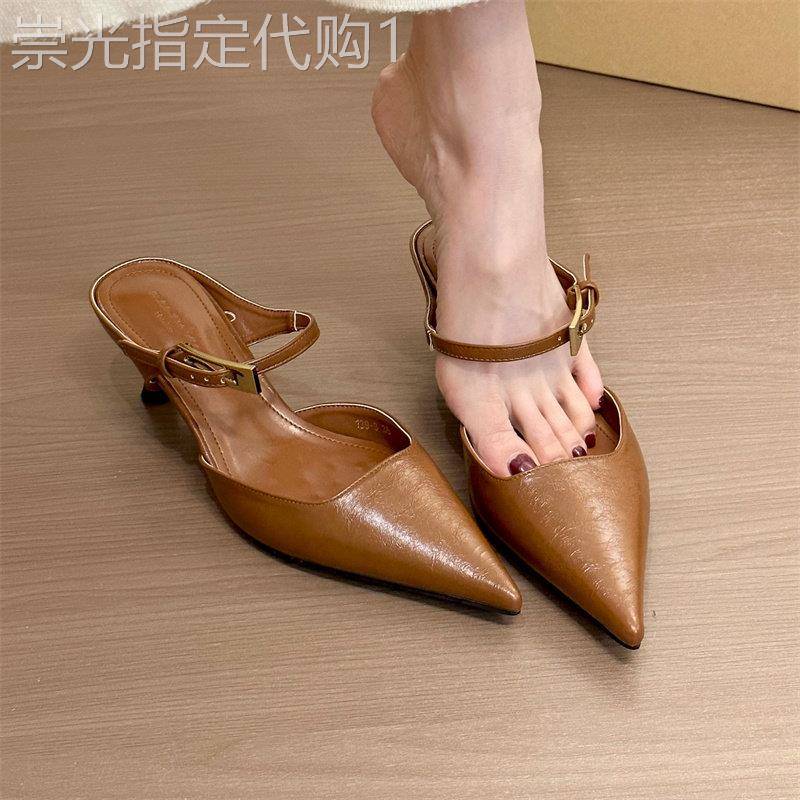 复古真皮包头半拖鞋女夏2025新款一字带韩版通勤尖头细跟高跟凉拖