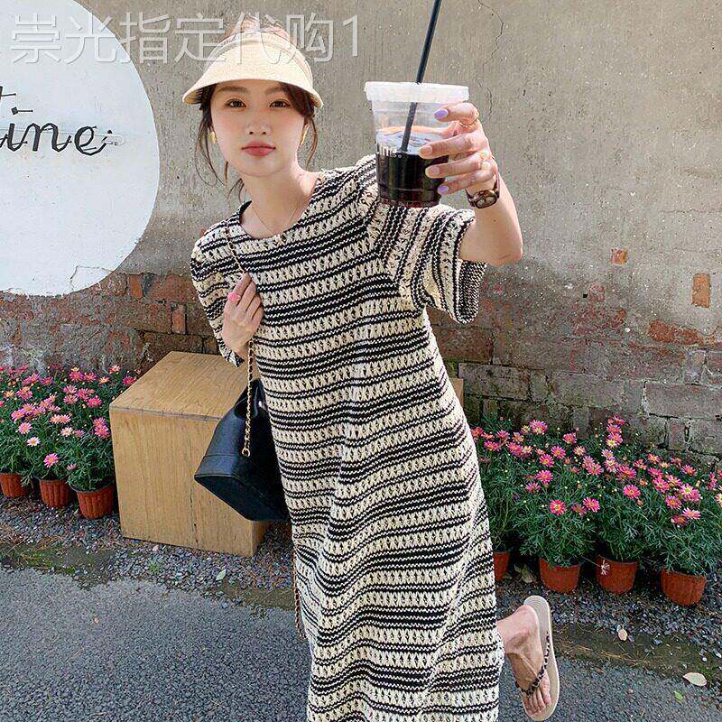 潮牌法式条纹连衣裙女夏季新款韩版显瘦宽松直筒高级感T恤长裙子
