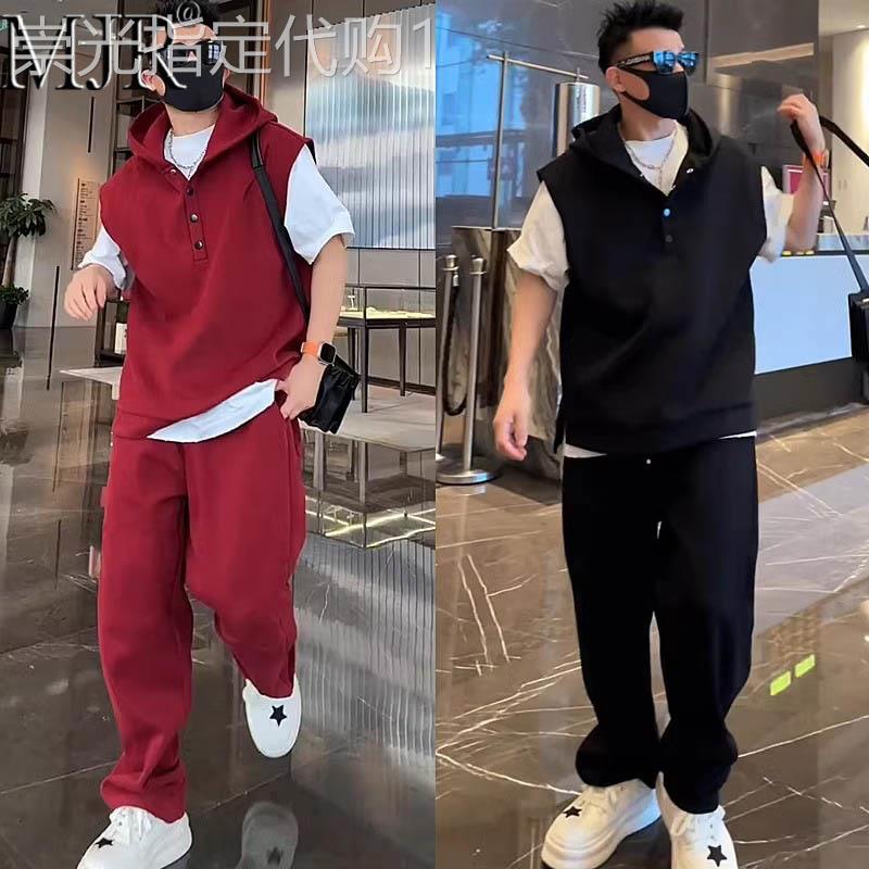 运动休闲套装男士夏款潮牌痞帅马甲直筒裤春季穿搭一整套高级感