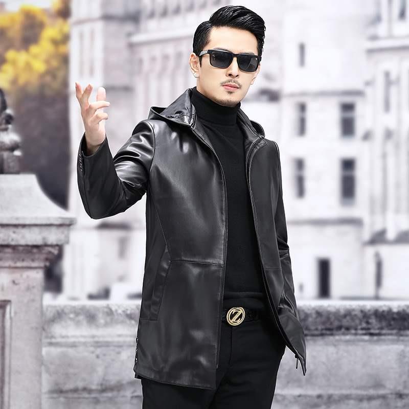 春秋男士皮外套绵羊皮风衣中长款连帽皮衣真皮夹克修身皮大衣薄款