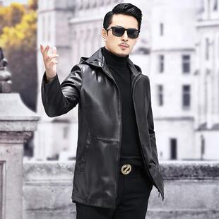 春秋男士皮外套绵羊皮风衣中长款连帽皮衣真皮夹克修身皮大衣薄款