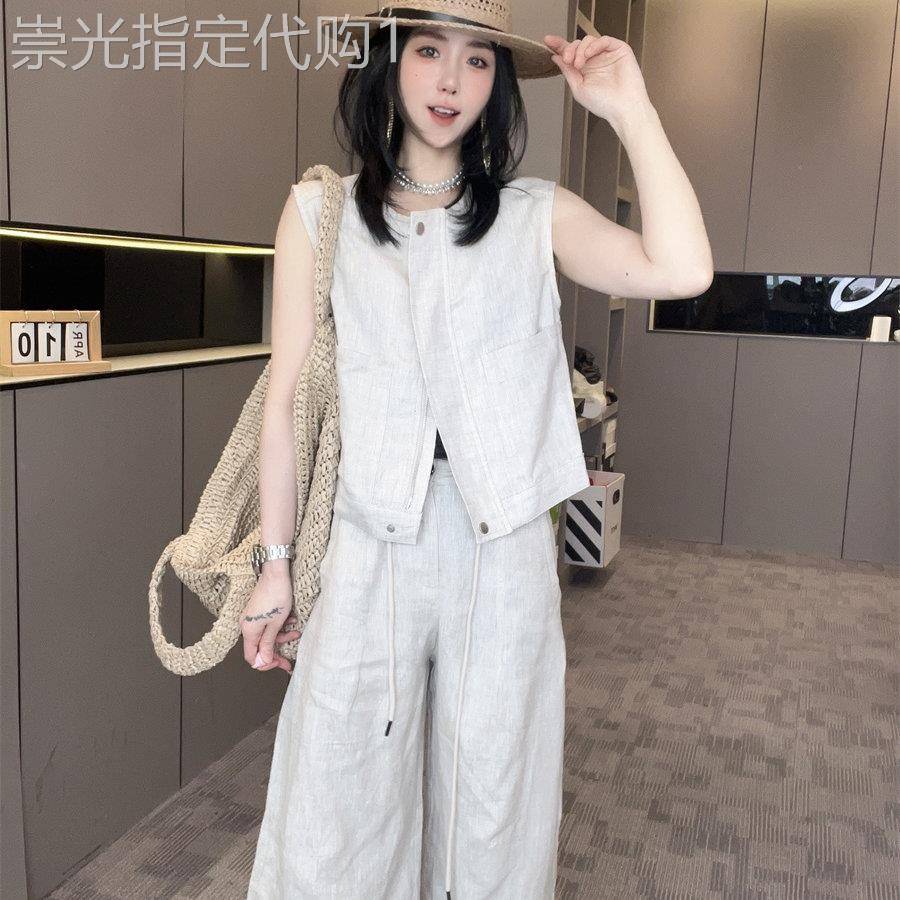 韩式轻熟风套装女2026夏新款圆领短版马甲背心外套+弯刀裤长裤两