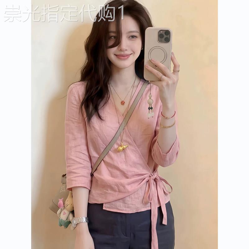 粉色V领棉麻七分袖衬衫女2026夏季绑带收腰显瘦洋派减龄小衫上衣