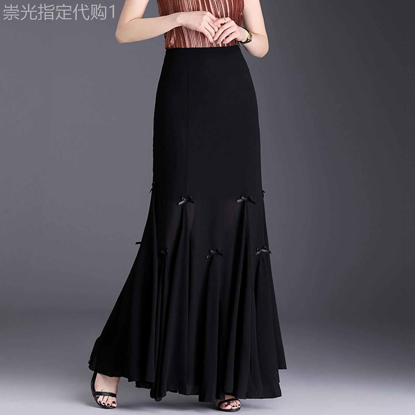 黑色蝴蝶结雪纺鱼尾裙女2026年夏季新款高腰修身超长款大摆半身裙