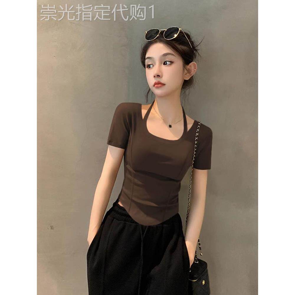 短袖T恤女夏季薄款2025新款紧身显瘦挂颈不规则短款T恤半袖上衣