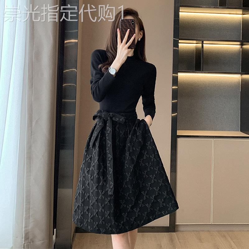 日系2026年新款春秋气质女神范名媛改良旗袍黑色高腰针织洋装女