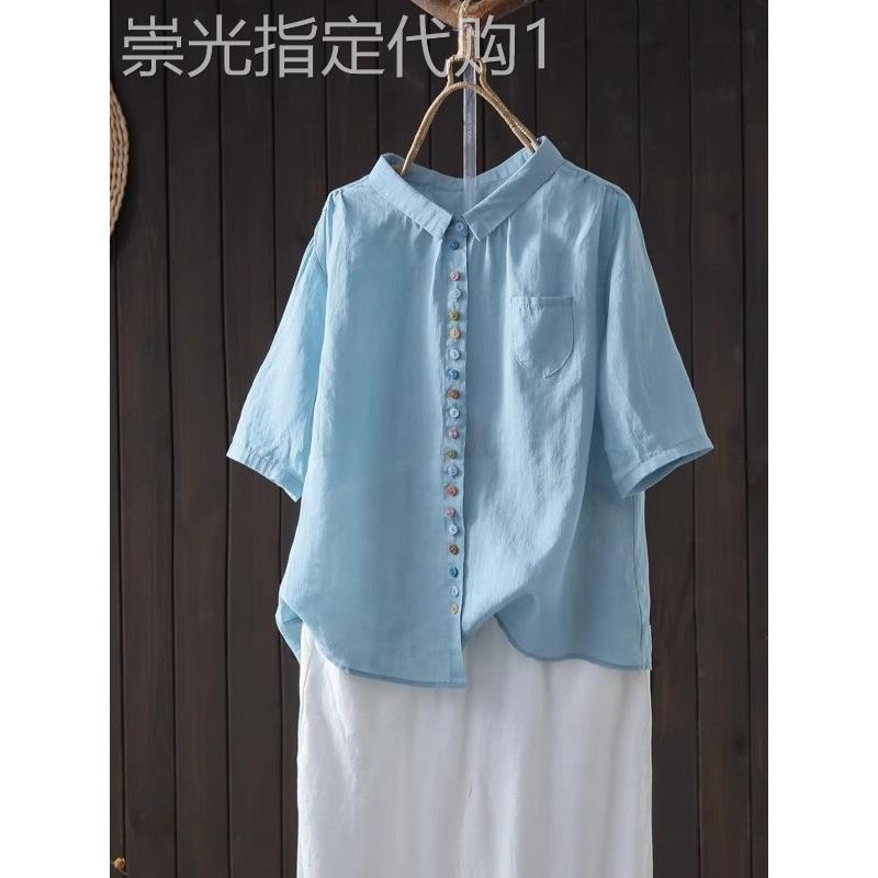 2025新款浅蓝色100%苎麻衬衫 女装复古五分袖衬衣 通勤风夏季小众