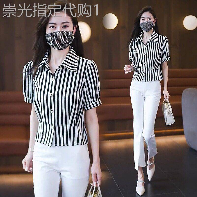 条纹雪纺衬衫女2025新款夏季短袖宽松高级感轻奢减龄洋气短款上衣