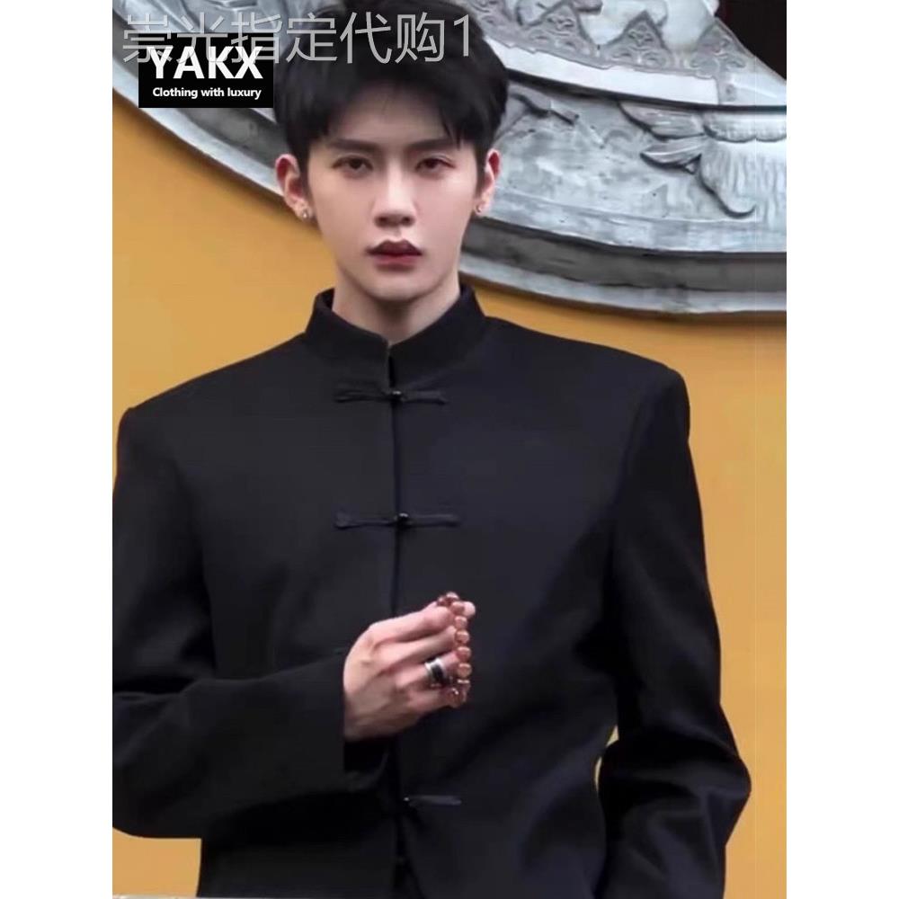 新中式西装套装男士高级感休闲立领垫肩西服外套中山男装订婚穿搭