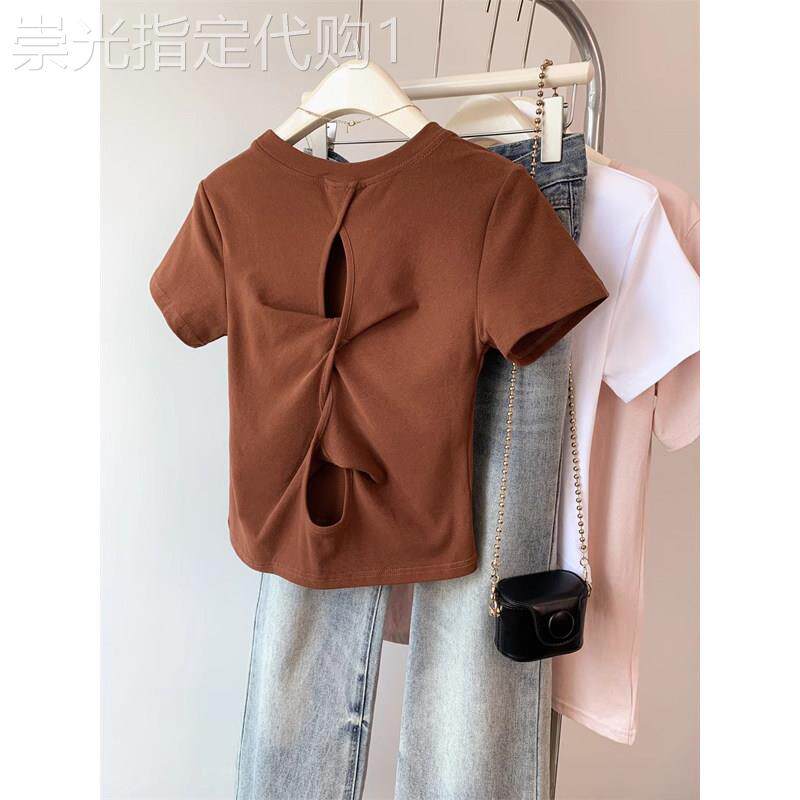 韩版时尚正肩后背镂空短袖t恤女2025夏季新款设计感掐腰韩系上衣