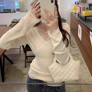 日系黑色蕾丝v领针织衫女秋冬季设计感修身毛衣内搭打底衫上衣