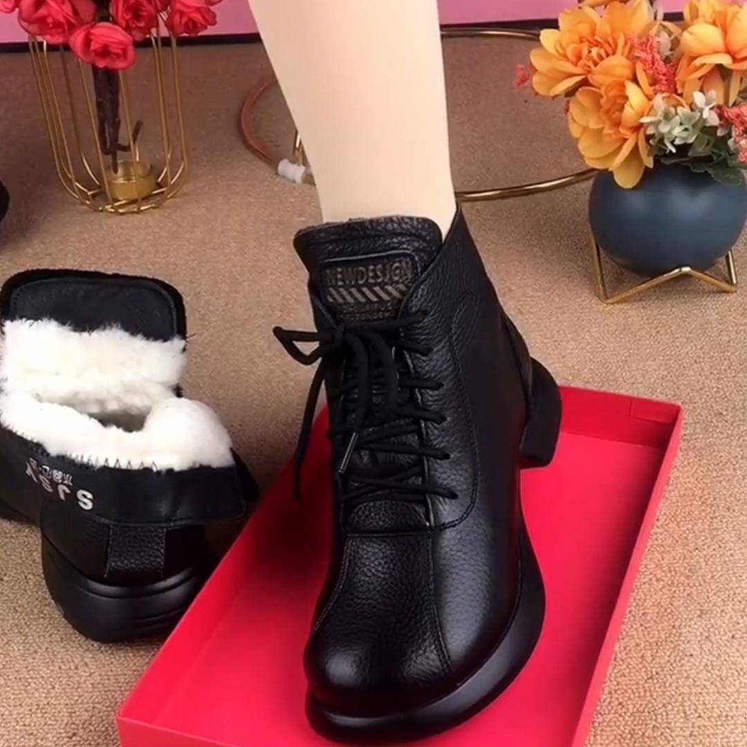 羊毛冬季加绒加厚保暖皮毛一体牛皮短靴软皮真皮马丁靴中老年女鞋