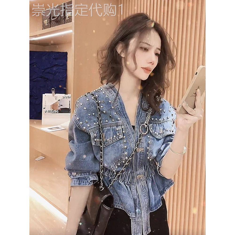 欧洲站设计感小众时尚收腰V领钉珠牛仔外套女2025年春秋短款上衣