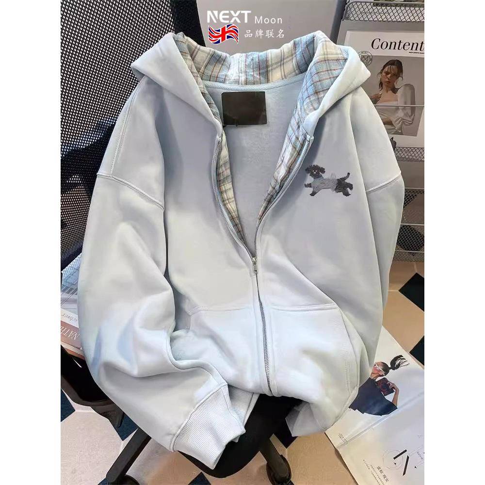 Next Moon英国联名韩系奶蓝色可爱小狗内里格纹卫衣开衫外套女秋