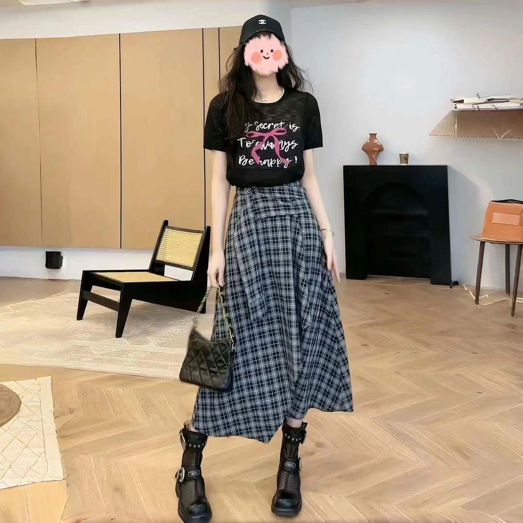 欧洲站夏装新款2026时尚减龄T恤格子半身裙子英伦风高级感套装裙