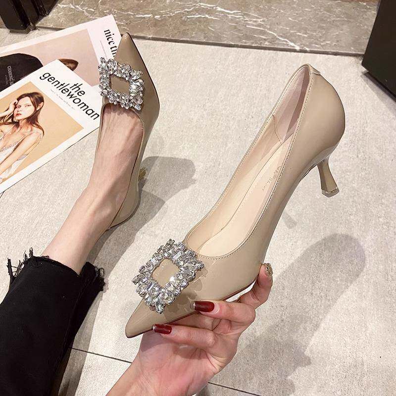 香港优雅裸色高跟鞋黑色专业低跟2025春季和秋季尖头浅口方形莱茵