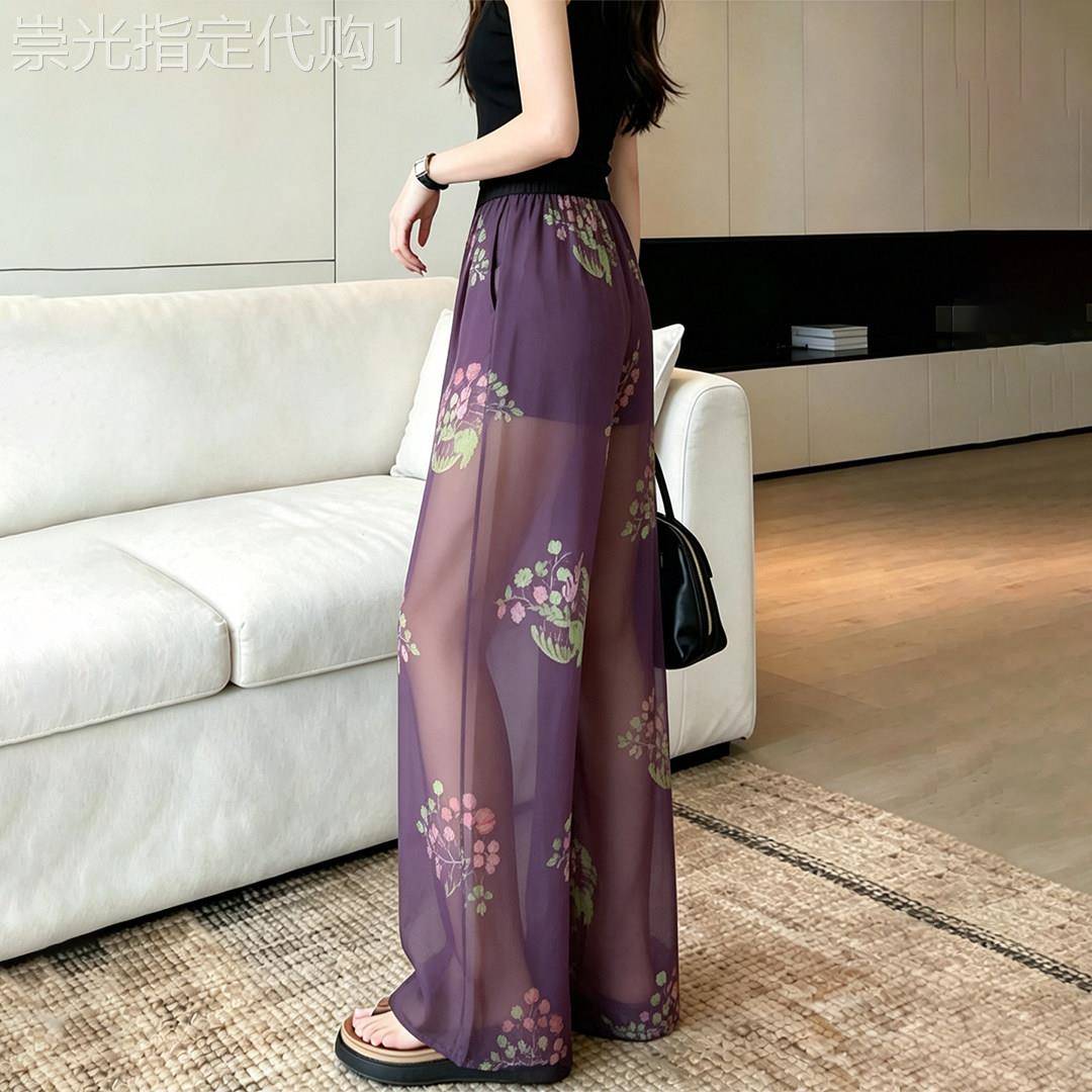 薄款透气紫色碎花休闲裤子女2026夏季宽松显瘦高级感阔腿凉凉长裤