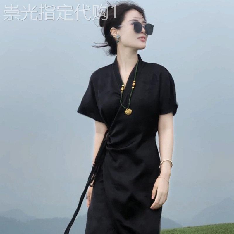 黑色国风新中式洋装女春季2026新款气质高级感女神范收腰长裙子