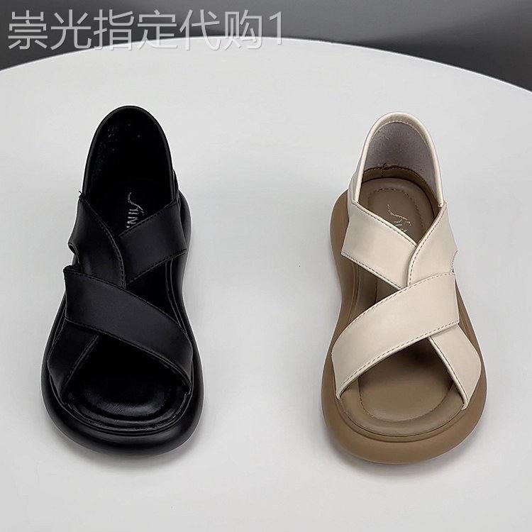 香港真皮包跟凉鞋女款新款夏季两穿拖鞋平底休闲罗马沙滩鞋配裙子