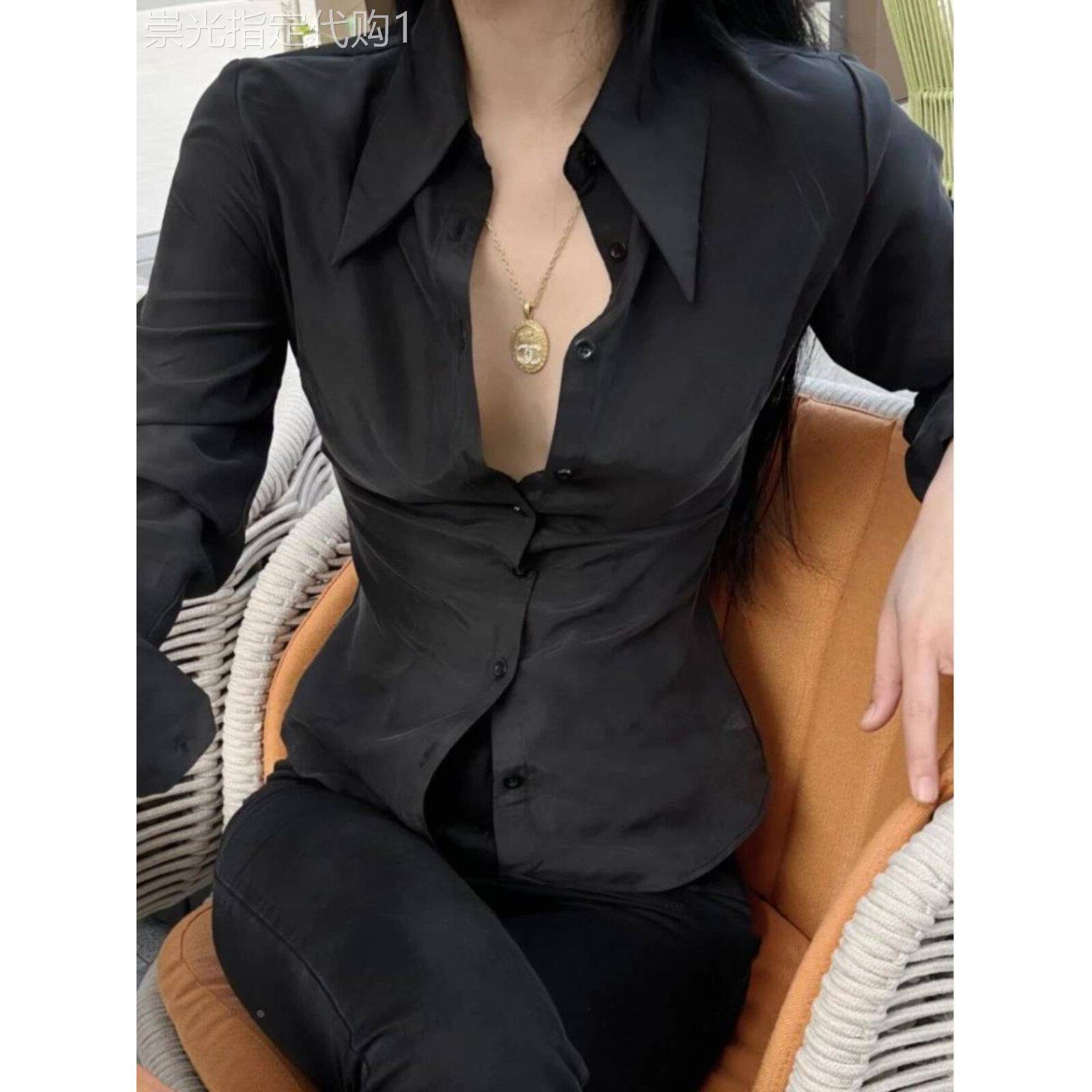 黑色衬衫女子春秋季欧洲修身专业腰长袖衬衫薄Polo翻领防晒上衣