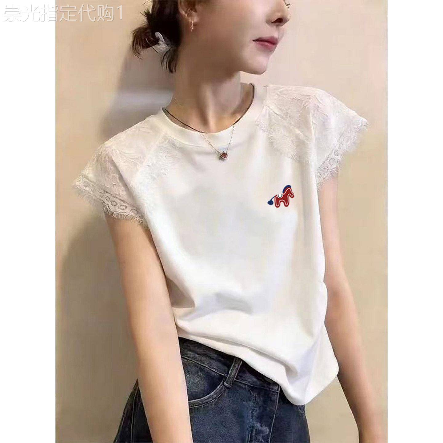 韩国1/4吋套筒扳手袖蕾丝纯棉正肩短袖t恤女修身显瘦白色上衣夏季