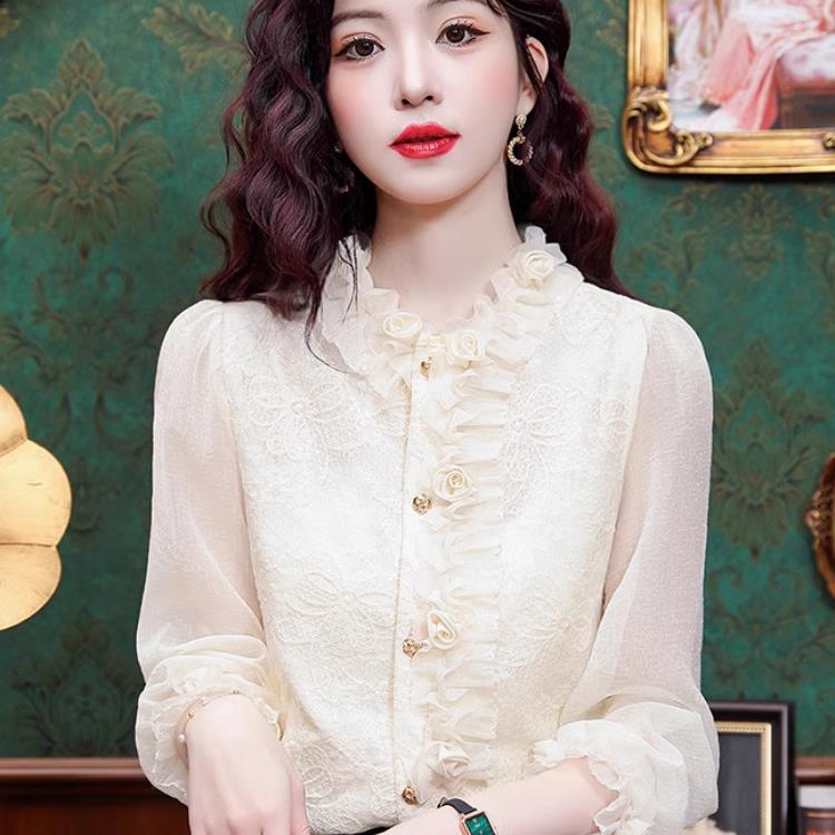 香港TIMO法式木耳边刺绣蕾丝衬衫女洋气长袖雪纺上衣别致漂亮小衫