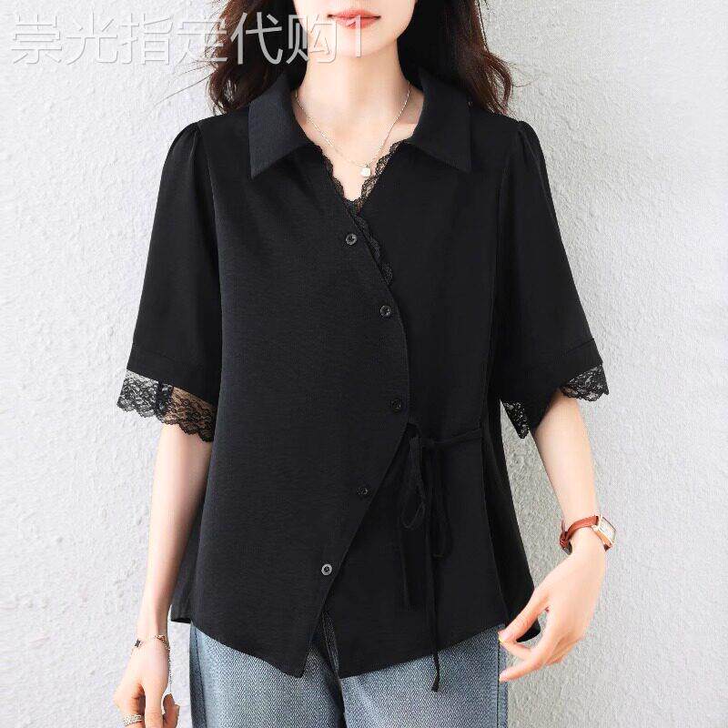 翻领短袖衬衫女夏季新款时尚设计感蕾丝拼接女士POLO领衬衣上衣薄