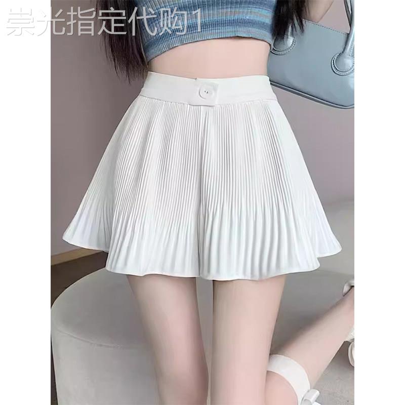 白色高腰百褶半身裙女夏季欧货短款A字小个子显瘦薄款网球风裙子