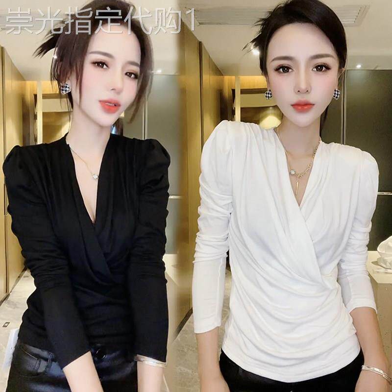 V领白色打底衫女内搭春秋季深圳高端欧货小衫丝绒上衣纯棉长袖t恤
