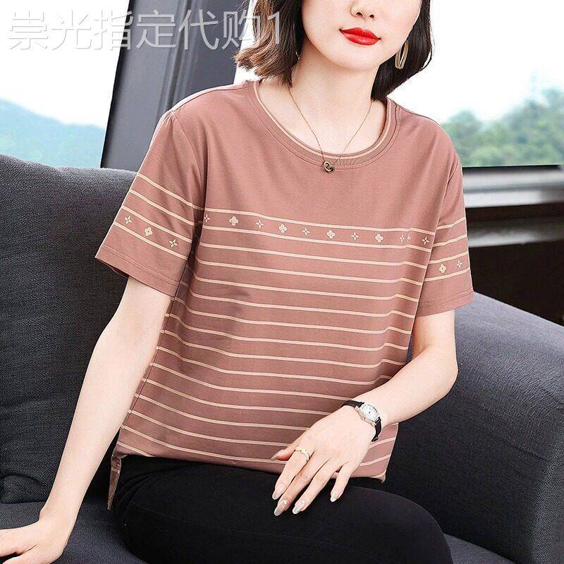 条纹短袖T恤女2026夏季新款韩版宽松大码气质圆领女士小衫上衣薄