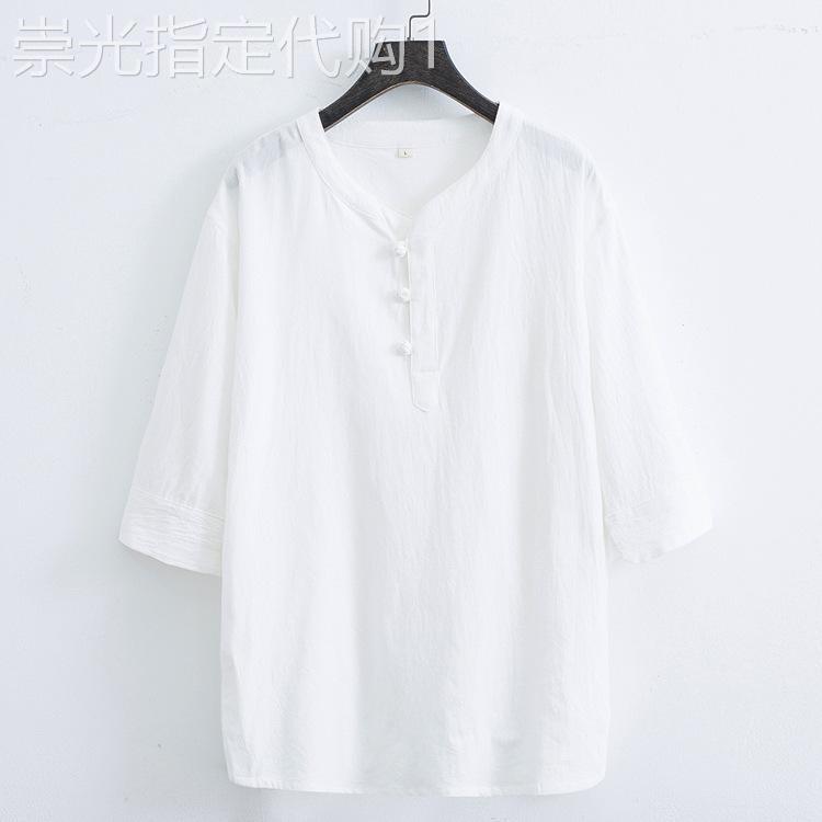 夏季七分袖T恤男款中式棉麻复古短袖T恤休闲禅修茶服国风居士服